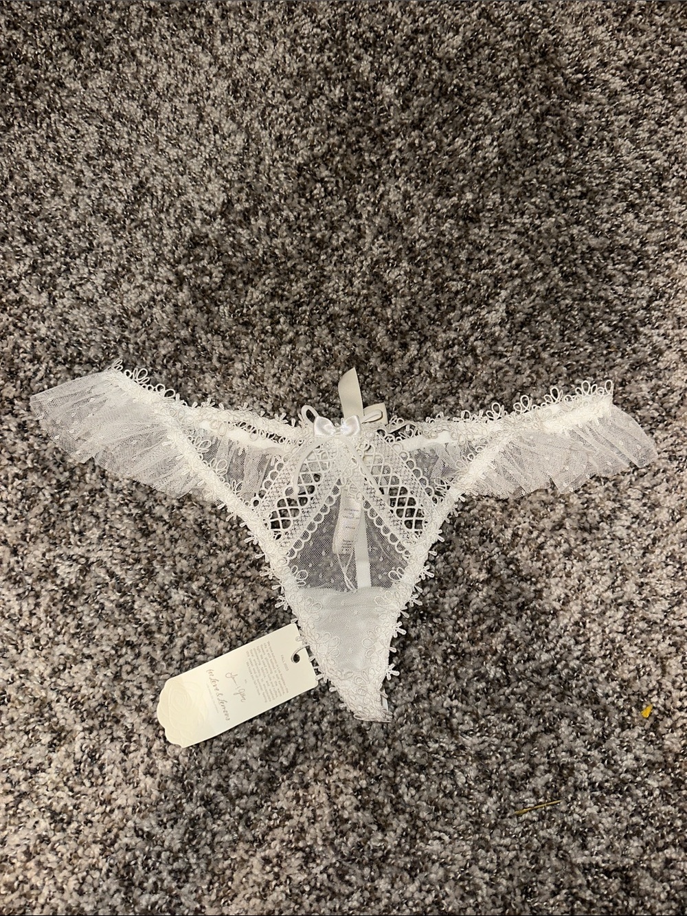 For Love and Lemons White Lace Ruffle Thong Panty with Bow